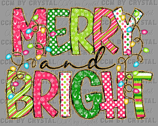Merry and Bright Faux Glitter Christmas Ready to Press Transfer DTF Transfer Sublimation Transfer
