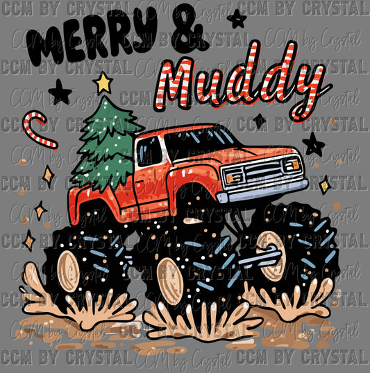 Merry and Muddy Christmas Tree Monster Truck Ready to Press Transfer DTF Transfer Sublimation Transfer