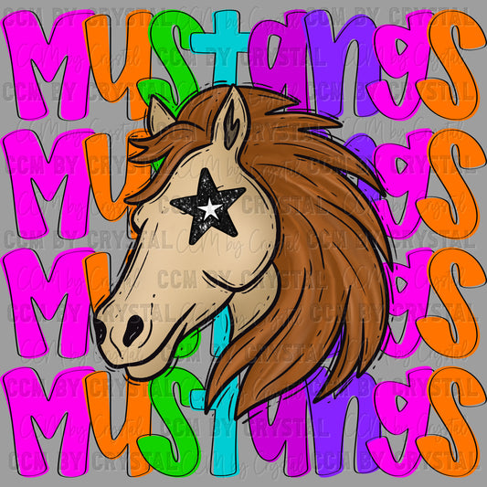 Colorful Mustangs Mascot Ready to Press Transfer DTF Transfer Sublimation Transfer