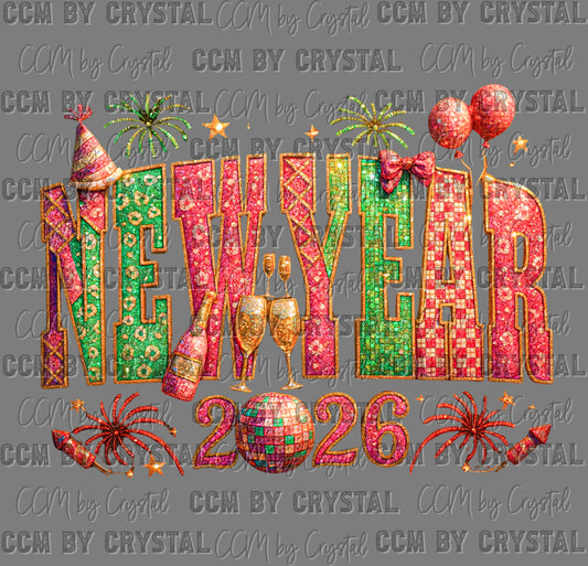 Happy New Year 2026 Faux Glitter Ready to Press Transfer DTF Transfer Sublimation Transfer
