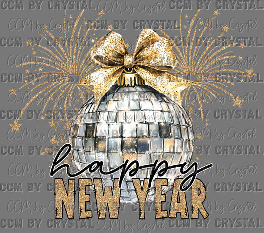 Happy New Year Disco Ball Faux Glitter Ready to Press Transfer DTF Transfer Sublimation Transfer