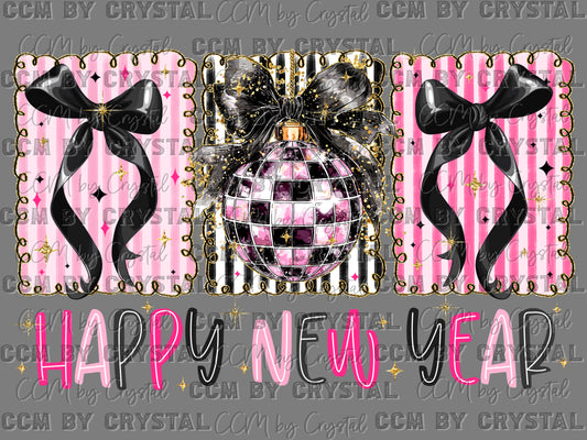 Happy New Year Pink Disco Ball Faux Glitter Ready to Press Transfer DTF Transfer Sublimation Transfer