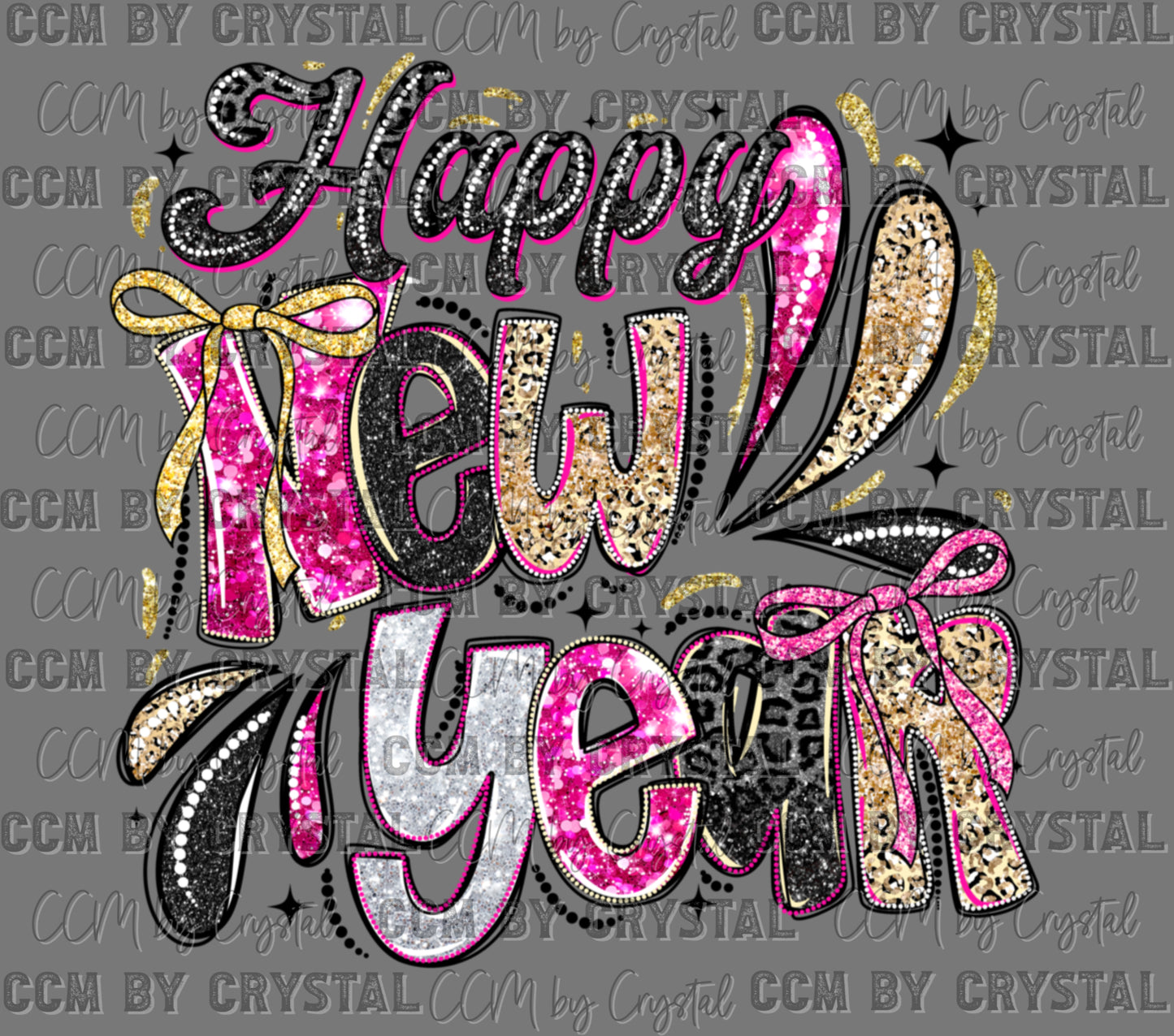 Happy New Year Faux Glitter Black Ready to Press Transfer DTF Transfer Sublimation Transfer