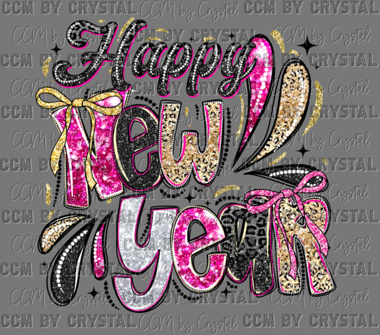 Happy New Year Faux Glitter Black Ready to Press Transfer DTF Transfer Sublimation Transfer