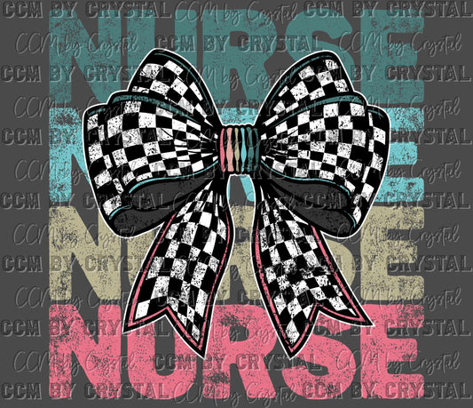 Nurse Checkered Bow Ready to Press Transfer DTF Transfer Sublimation Transfer