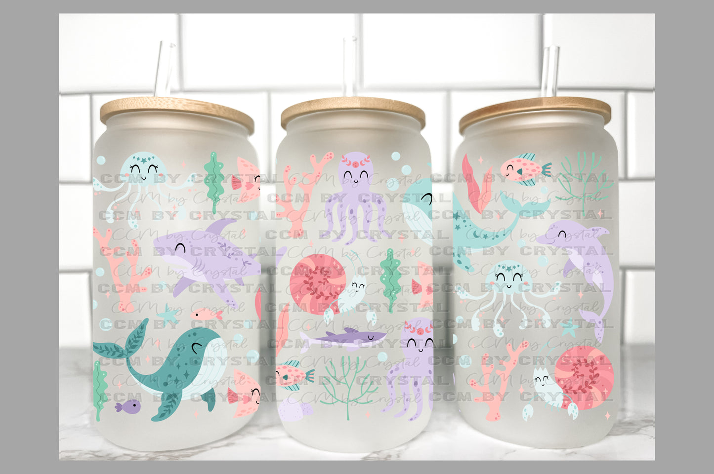 Ocean Animals Summertime Transfer 16oz Libby Glass Can Wrap Ready to Apply