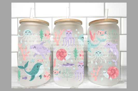 Ocean Animals Summertime Transfer 16oz Libby Glass Can Wrap Ready to Apply