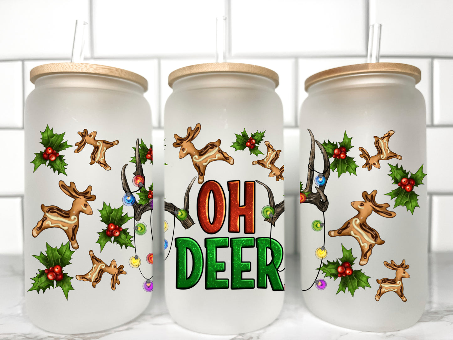 Oh Deer Christmas UV DTF Transfer 16oz Libby Glass Can Wrap Ready to Apply