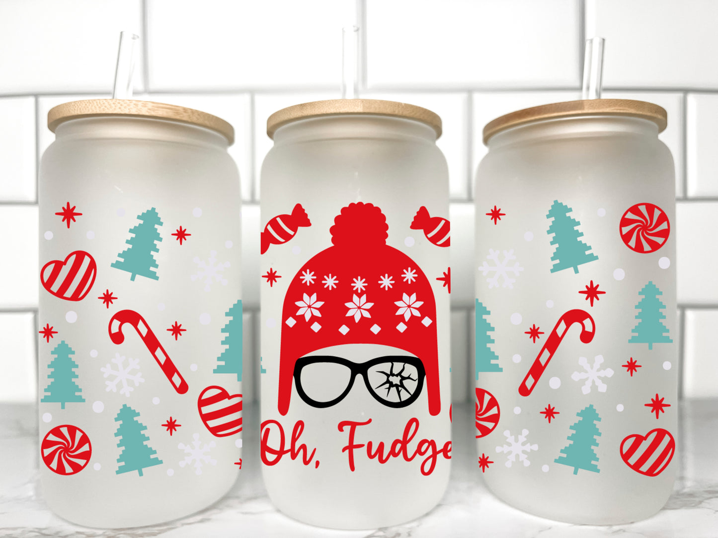 Oh Fudge Christmas UV DTF Transfer 16oz Libby Glass Can Wrap Ready to Apply