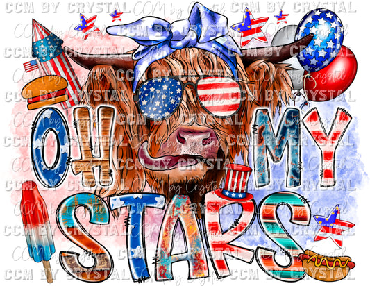 Oh My Stars Highland Cow Fourth of July Patriotic Flag Ready to Press Transfer