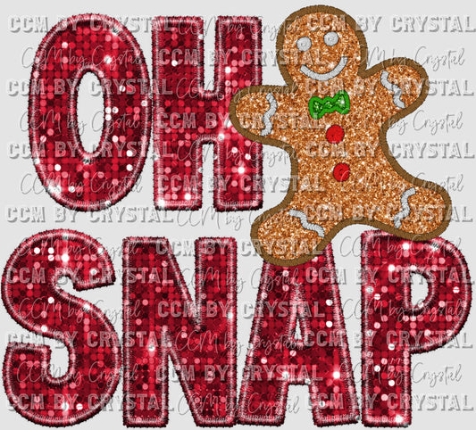 Oh Snap Gingerbread Man Christmas Faux Sequins Faux Embroidery Ready to Press Transfer