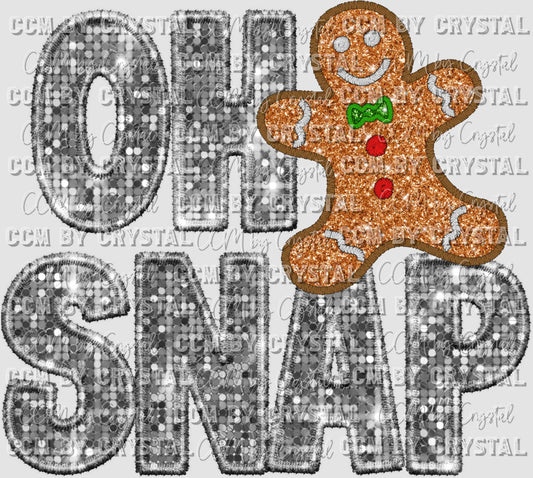 Oh Snap Gingerbread Man Christmas Faux Sequins Faux Embroidery Ready to Press Transfer