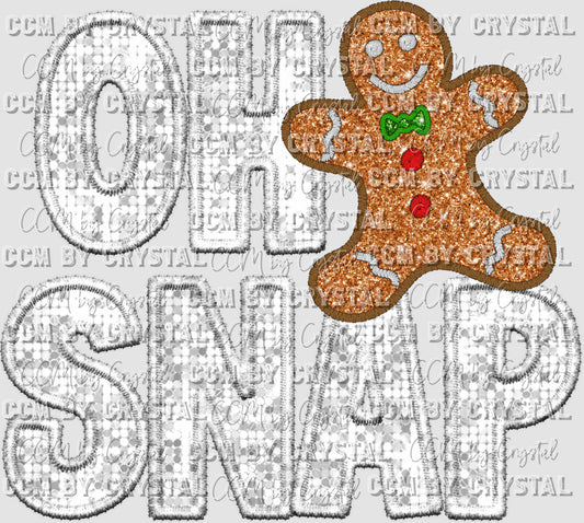 Oh Snap Gingerbread Man Christmas Faux Sequins Faux Embroidery Ready to Press Transfer