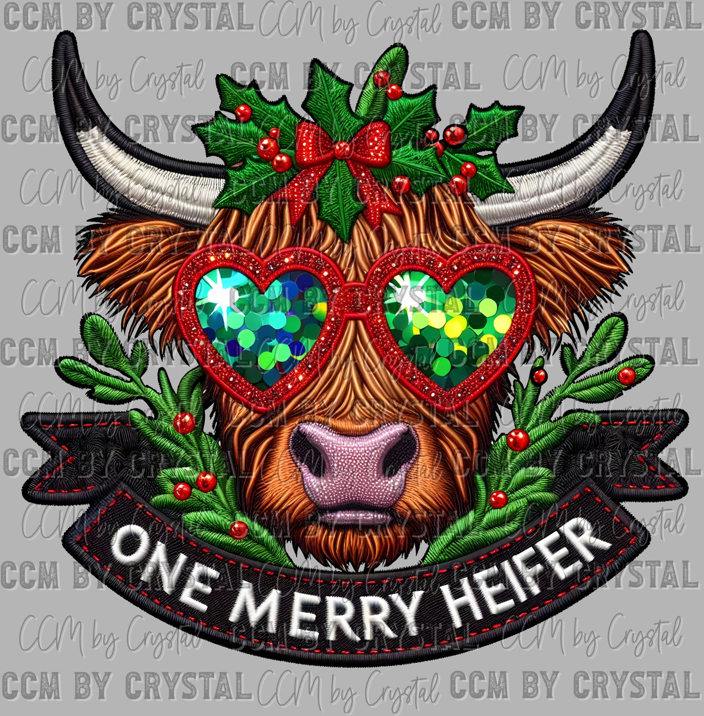 Highland Cow One Merry Heifer Christmas Faux Rhinestone Effect Ready to Press Transfer DTF Transfer Sublimation Transfer
