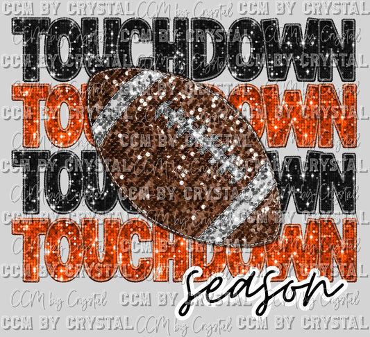 Touchdown Season Black and Orange Football Faux Sequins Faux Embroidery Ready to Press Transfer