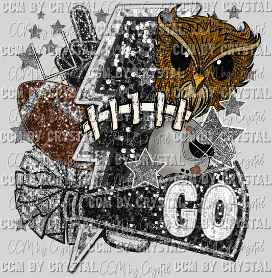 Owls Football Faux Sequins Faux Embroidery Ready to Press Transfer