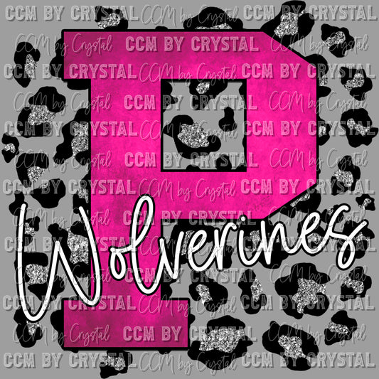 P Wolverines Pink with Silver Leopard Background Mascot Ready to Press Transfer