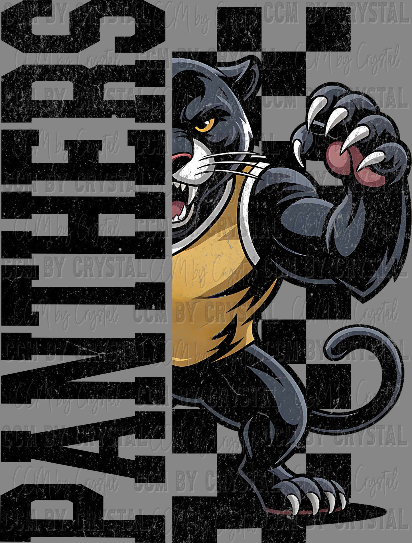 Panthers Yellow Grunge Checkered Sports Mascot Ready to Press Transfer DTF Transfer Sublimation Transfer