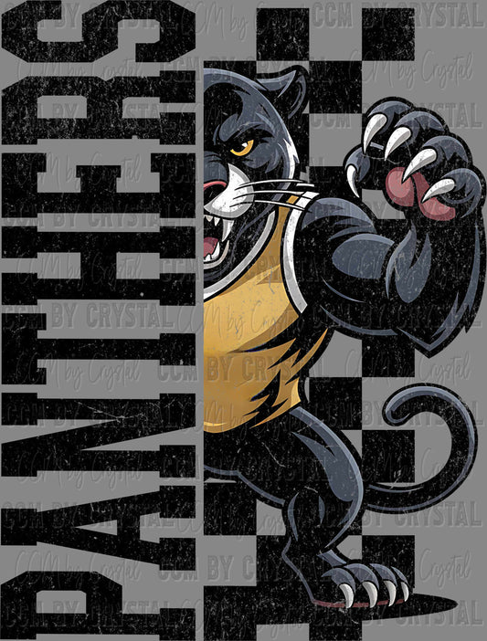 Panthers Yellow Grunge Checkered Sports Mascot Ready to Press Transfer DTF Transfer Sublimation Transfer