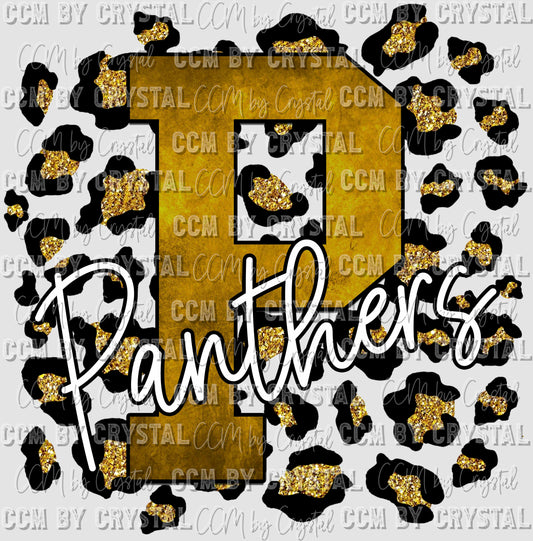 P with Panthers Yellow Gold With Gold Leopard background Mascot Ready to Press Transfer