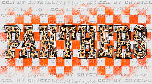 Leopard Panthers Orange Grunge Checkerboard Background Mascot Ready to Press Transfer