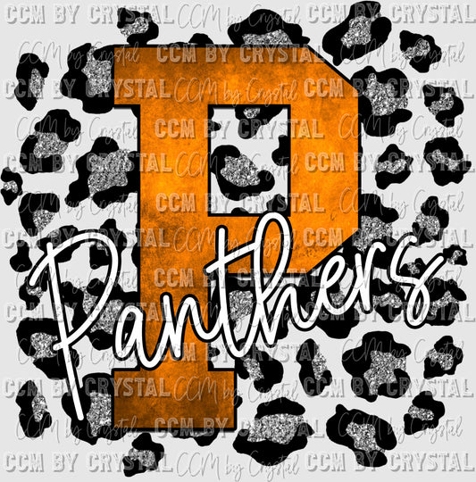 P Panthers Orange with Silver Glitter Leopard Background Mascot Ready to Press Transfer