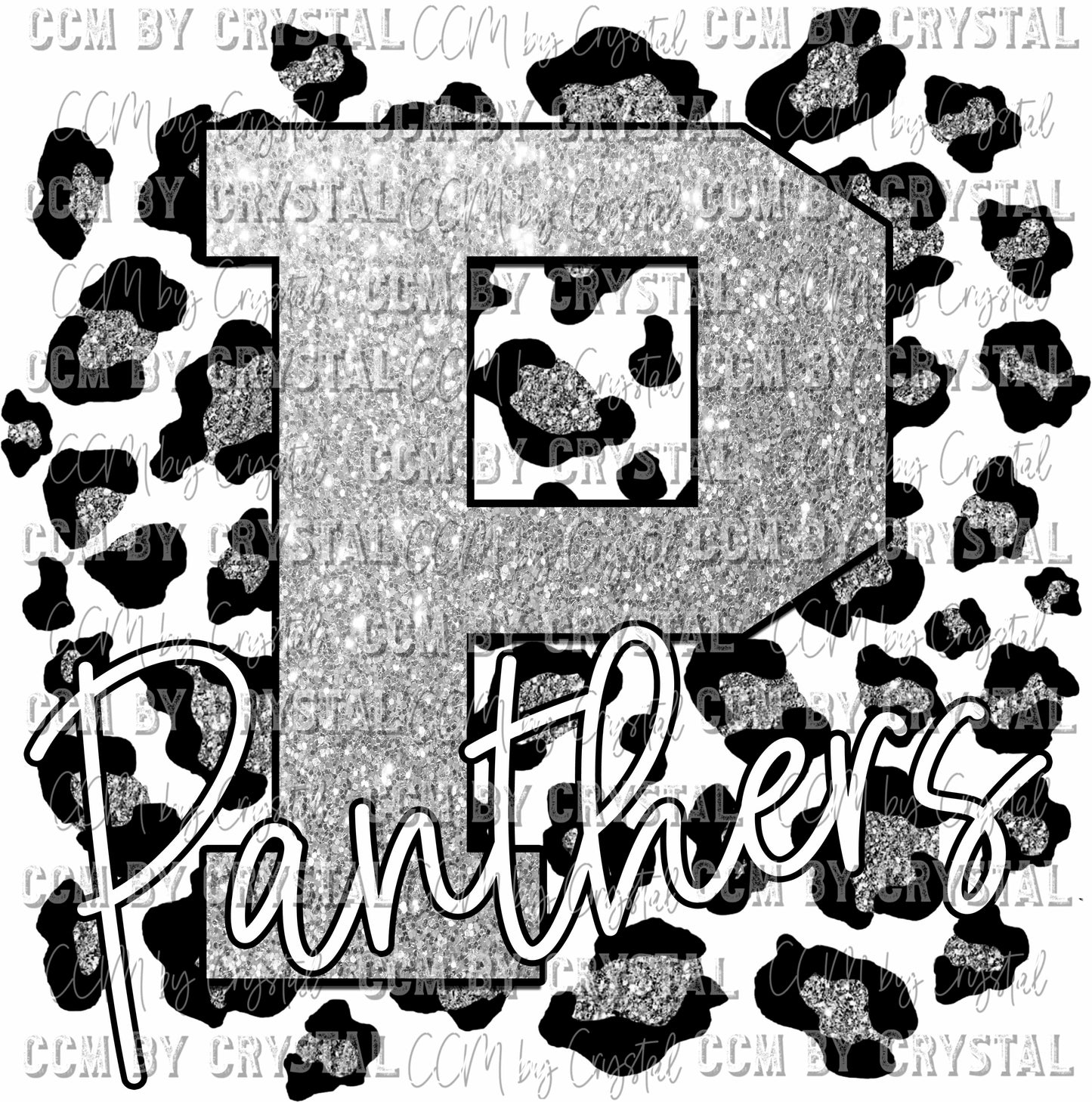 P Panthers Silver Glitter with Silver Glitter Leopard background Mascot Ready to Press Transfer