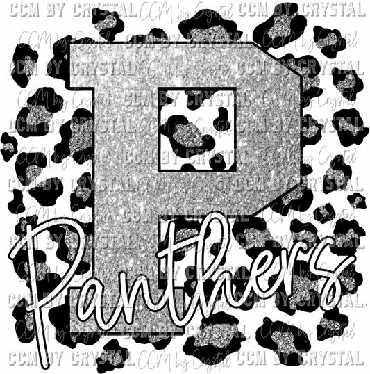 P Panthers Silver Glitter with Silver Glitter Leopard Background Mascot PNG Digital File ONLY