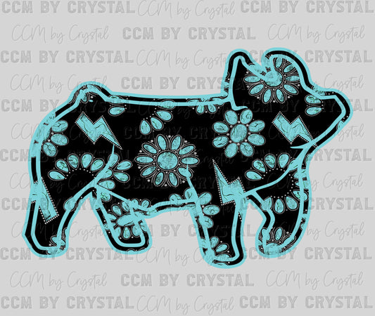 Teal Gem Pig Sheep Western Rodeo Ready to Press Instant Peel DTF Transfers Sublimation Transfers
