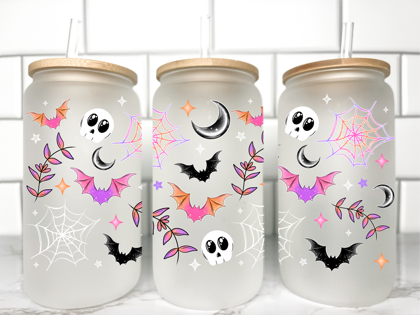 Halloween Pink Bats Skulls UV Transfer 16oz Libby Glass Can Wrap Ready to Apply