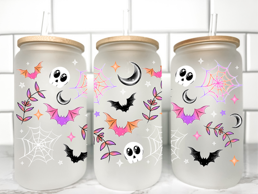 Halloween Pink Bats Skulls UV Transfer 16oz Libby Glass Can Wrap Ready to Apply