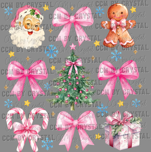Christmas Pink Santa Bows Ready to Press Transfer DTF Transfer Sublimation Transfer