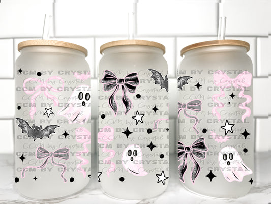 Pink Ghosts Halloween UV Transfer 16oz Libby Glass Can Wrap Ready to Apply