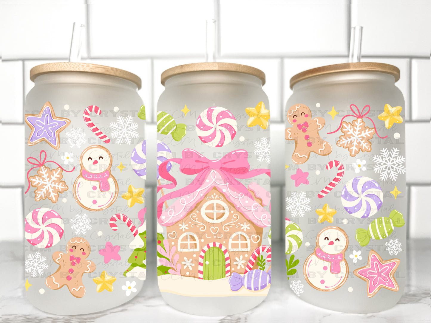 Christmas Pink Gingerbread House UV Transfer 16oz Libby Glass Can Wrap Ready to Apply