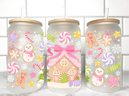 Christmas Pink Gingerbread House UV Transfer 16oz Libby Glass Can Wrap Ready to Apply