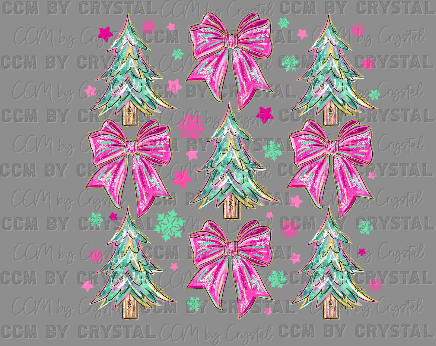 Pink Christmas Bows Trees Ready to Press Instant Peel DTF Transfers Sublimation Transfers
