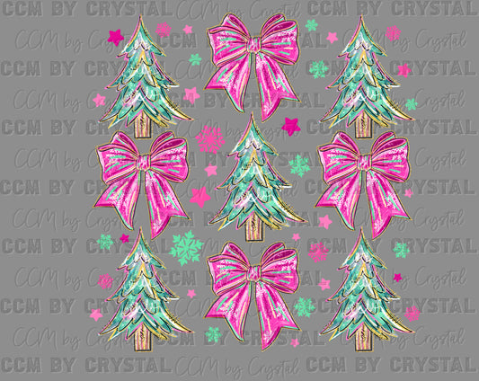 Pink Christmas Bows Trees Ready to Press Instant Peel DTF Transfers Sublimation Transfers