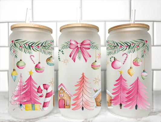 Pink Christmas UV Transfer 16oz Libby Glass Can Wrap Ready to Apply