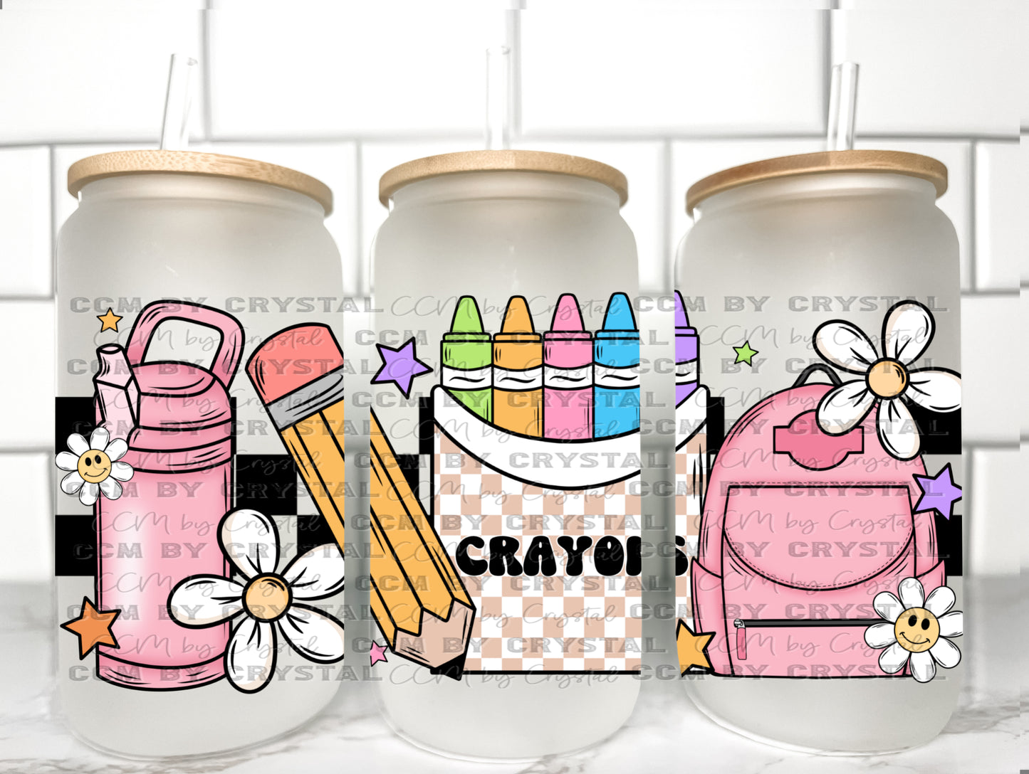 Pink Girl Back to School UV Transfer 16oz Libby Glass Can Wrap Ready to Apply
