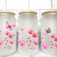 Pink Flowers and Butterflies UV DTF Transfer 16oz Libby Glass Can Wrap Ready to Apply