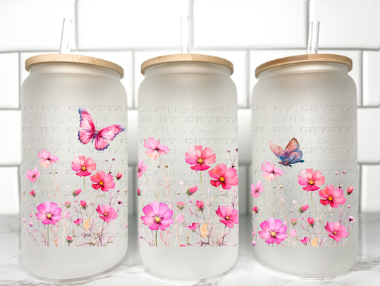 Pink Flowers and Butterflies UV DTF Transfer 16oz Libby Glass Can Wrap Ready to Apply