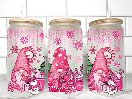 Pink Christmas Gnomes UV DTF Transfer 16oz Libby Glass Can Wrap Ready to Apply