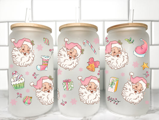 Christmas Pink Santa UV Transfer 16oz Libby Glass Can Wrap Ready to Apply