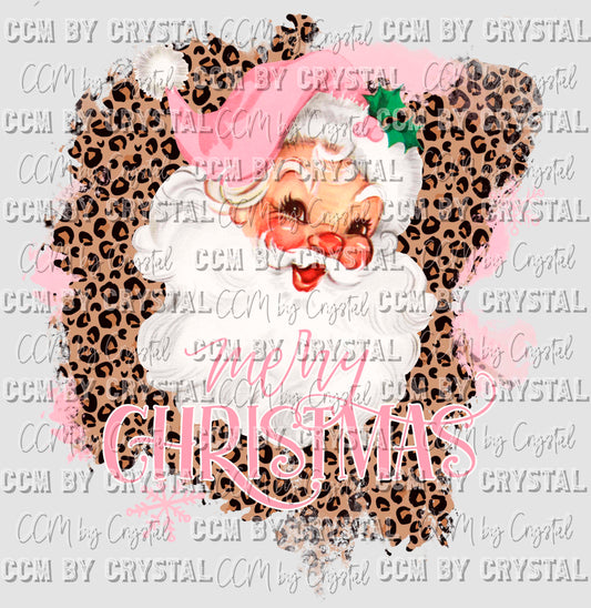 Merry Christmas Retro Santa Pink Hat Leopard Background Christmas Ready to Press Transfer