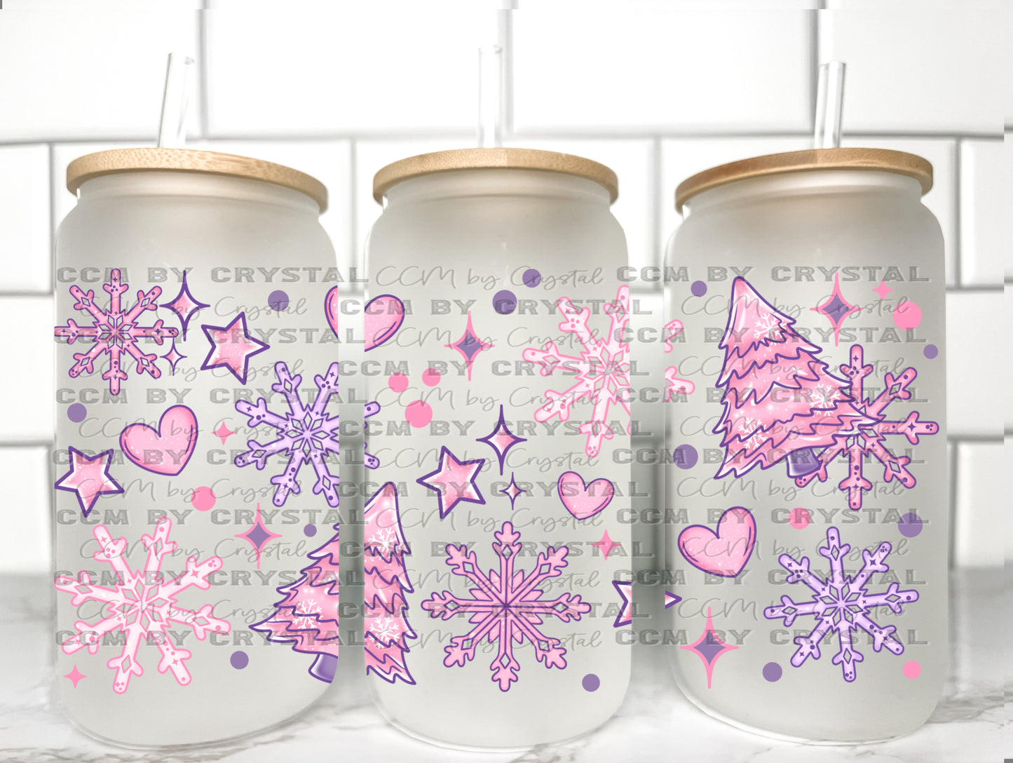 Pink Winter Christmas UV Transfer 16oz Libby Glass Can Wrap Ready to Apply