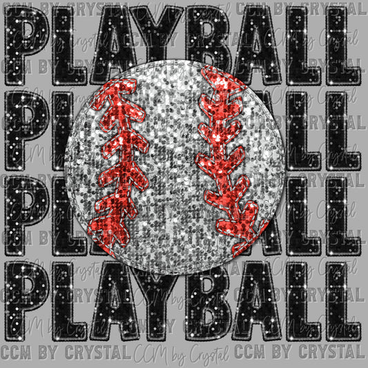 Play Ball Stacked Baseball Faux Sequins Faux Embroidery Baseball Ready to Press Transfer DTF Transfer Sublimation Transfer
