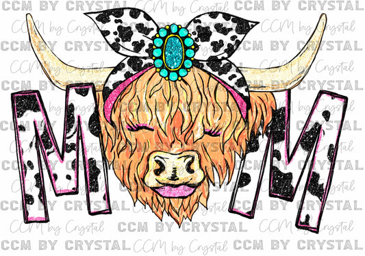 Mom Highland Cow Faux Glitter Ready to Press Transfer