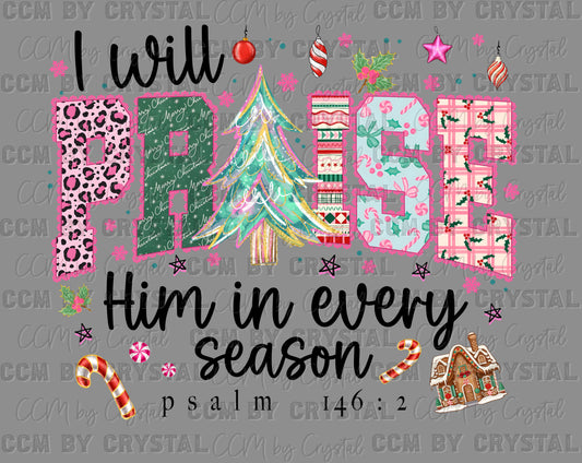 I Will Praise Him in Every Season Girly Christmas Ready to Press Instant Peel DTF Transfers Sublimation Transfers