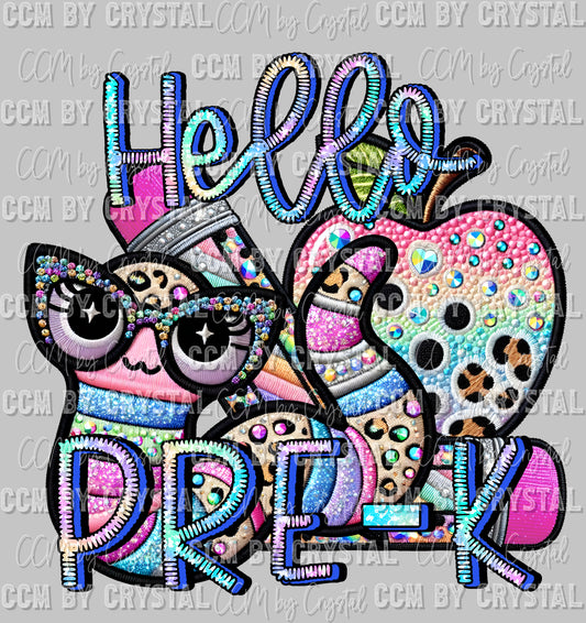 Back to School Hello Pre-K Faux Rhinestone Effect Ready to Press Transfer DTF Transfer Sublimation Transfer