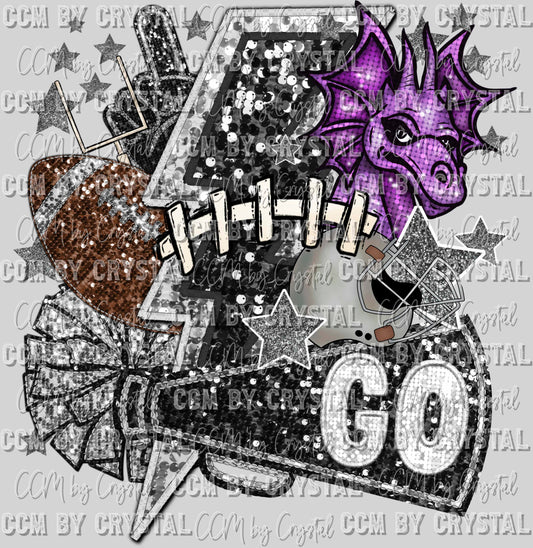 Purple Dragons Football Faux Sequins Faux Embroidery Ready to Press Transfer